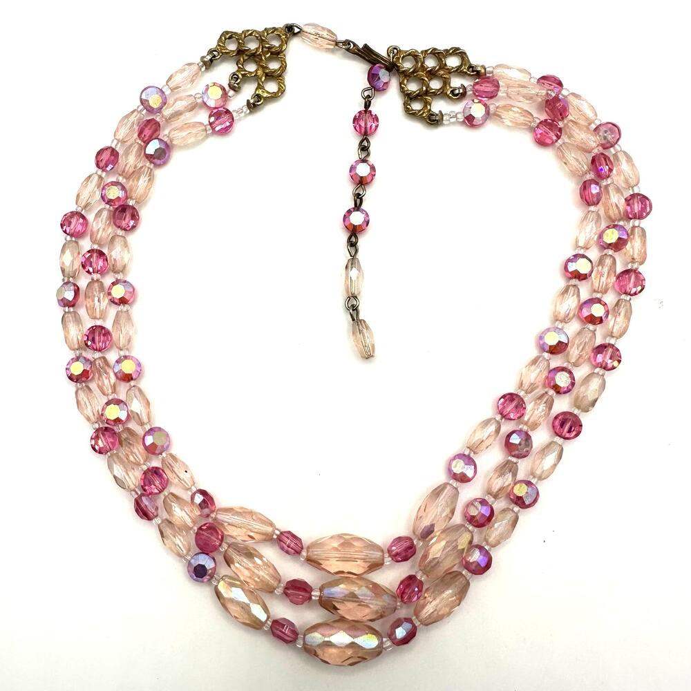 Vintage 3 triple multi strand pink AB aurora borealis glass beaded necklace